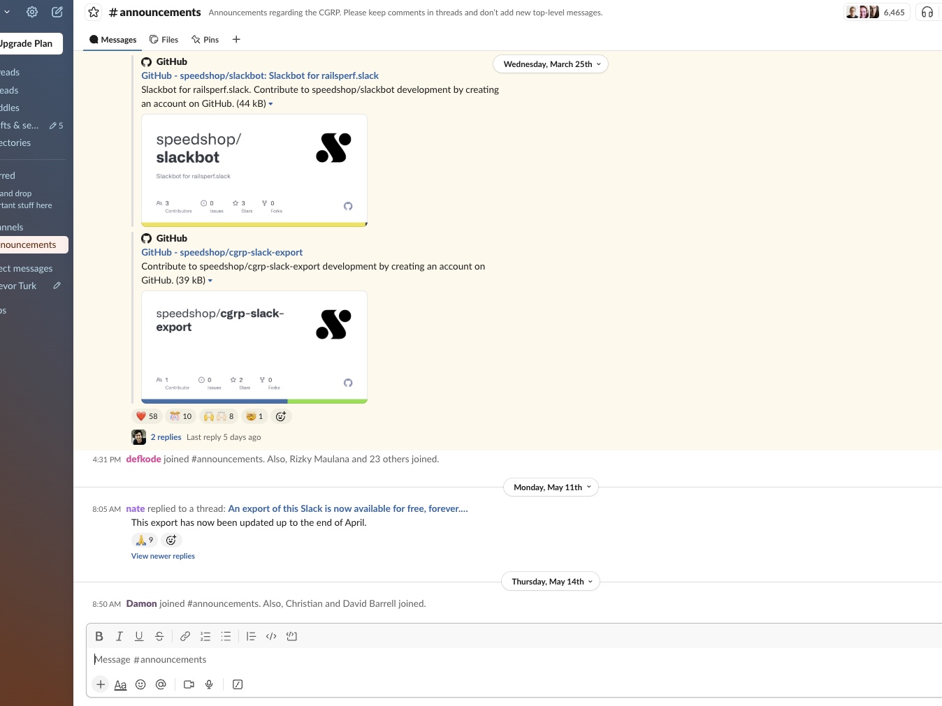 The #announcements channel of the Rails Performance Slack