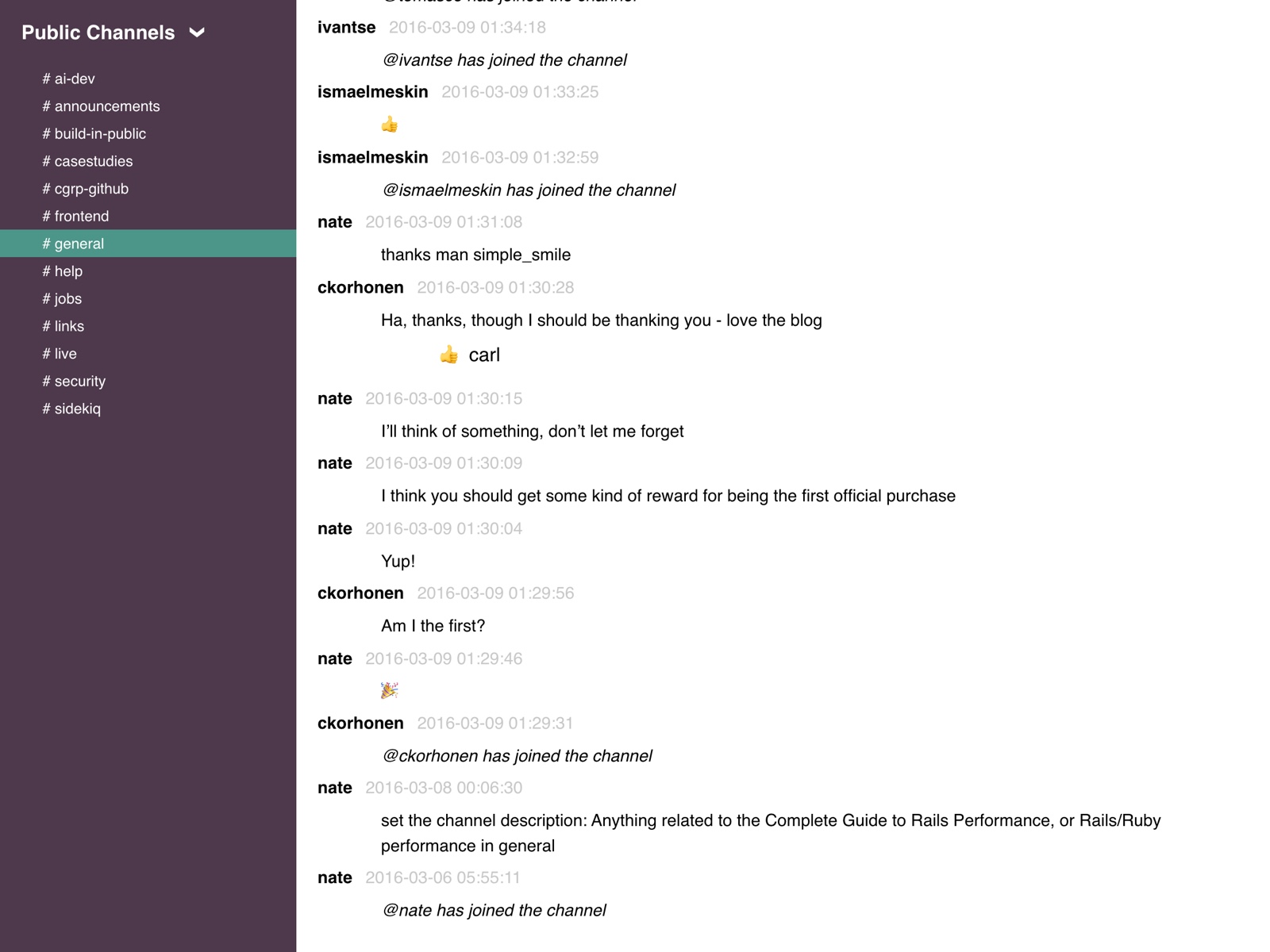 The first messages ever posted in the Rails Performance Slack's #general channel, March 2016